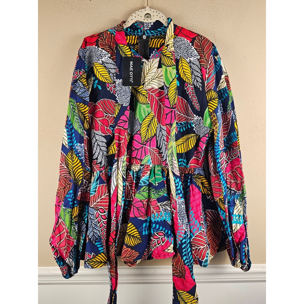 NWT Mae Otti Womens Bibi African Print Puff Sleeve Peplum Top Large